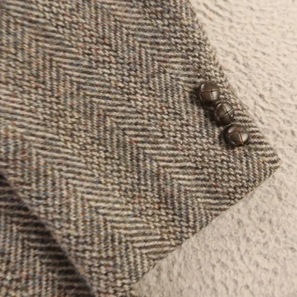 VINTAGE Tweed Jacket M MT Blue Brown Herringbone Marled 100% Wool Blazer 42L
